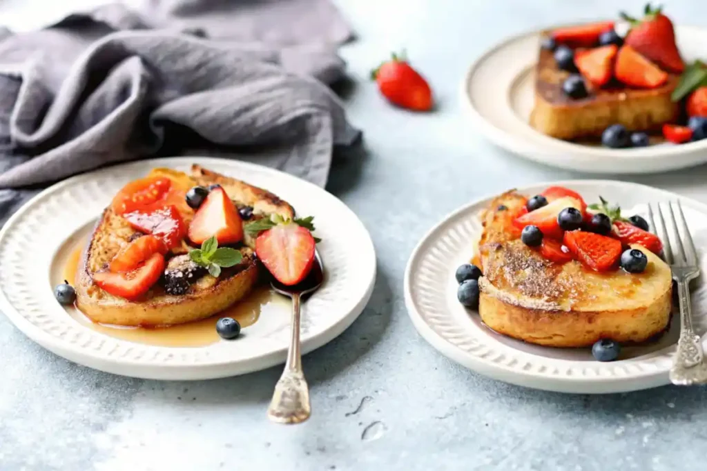 Three servings of sourdough French toast on plates, garnished with strawberries, blueberries, and syrup, set on a light background.