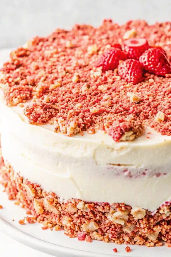 Close-up of strawberry crunch cake with creamy frosting and crunchy topping.