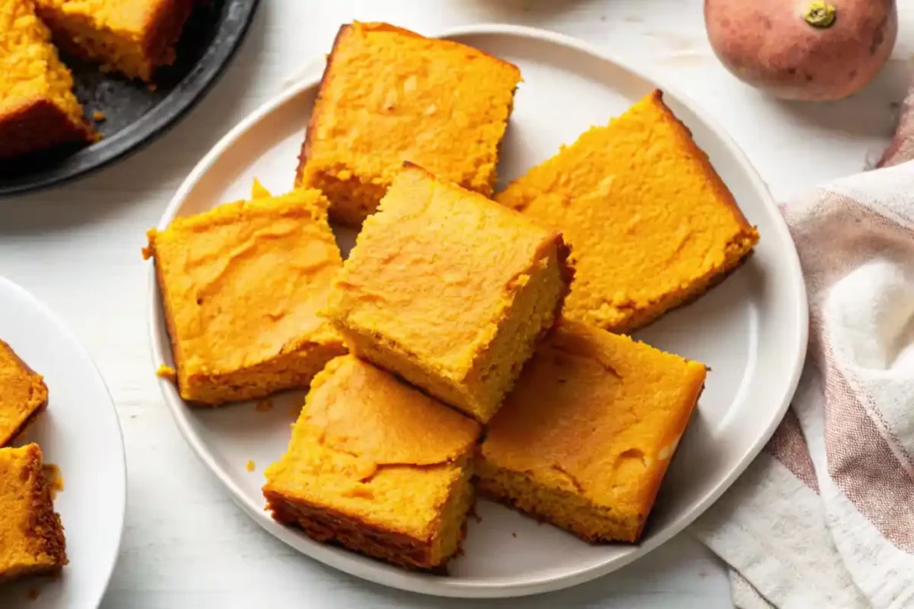 Sweet potato cornbread squares plated