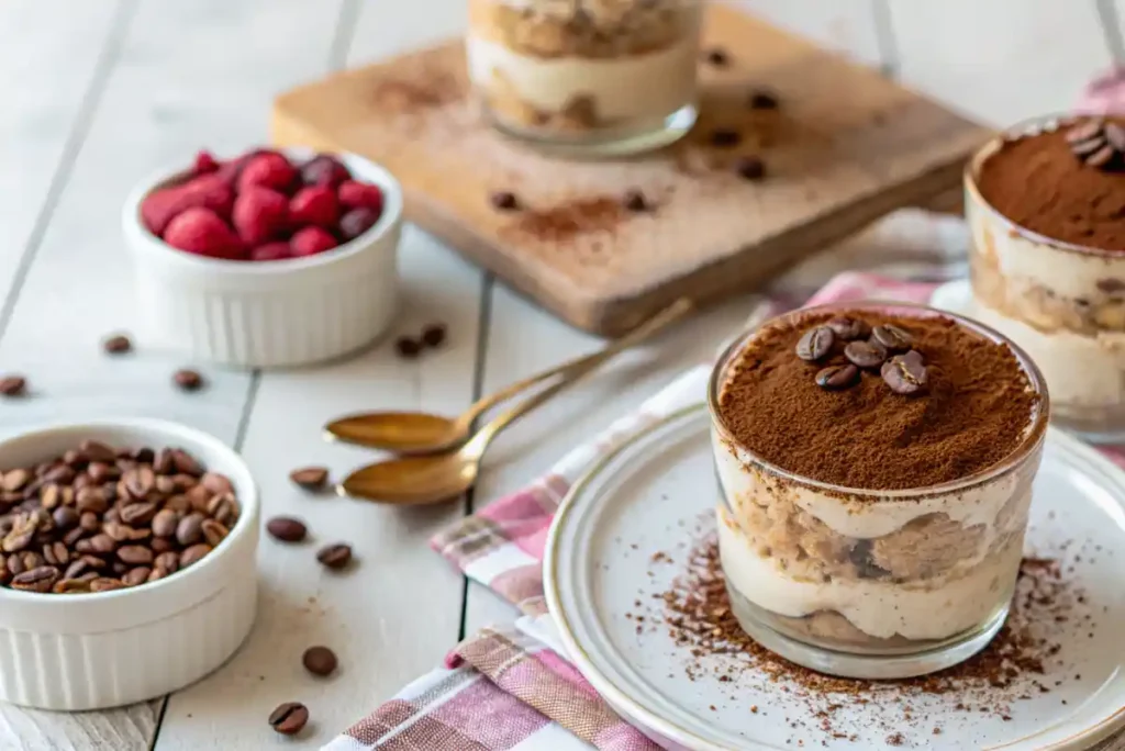 A glass jar of tiramisu overnight oats with layers of cream, oats, and cocoa powder, topped with coffee beans, surrounded by raspberries and coffee beans on a rustic table.