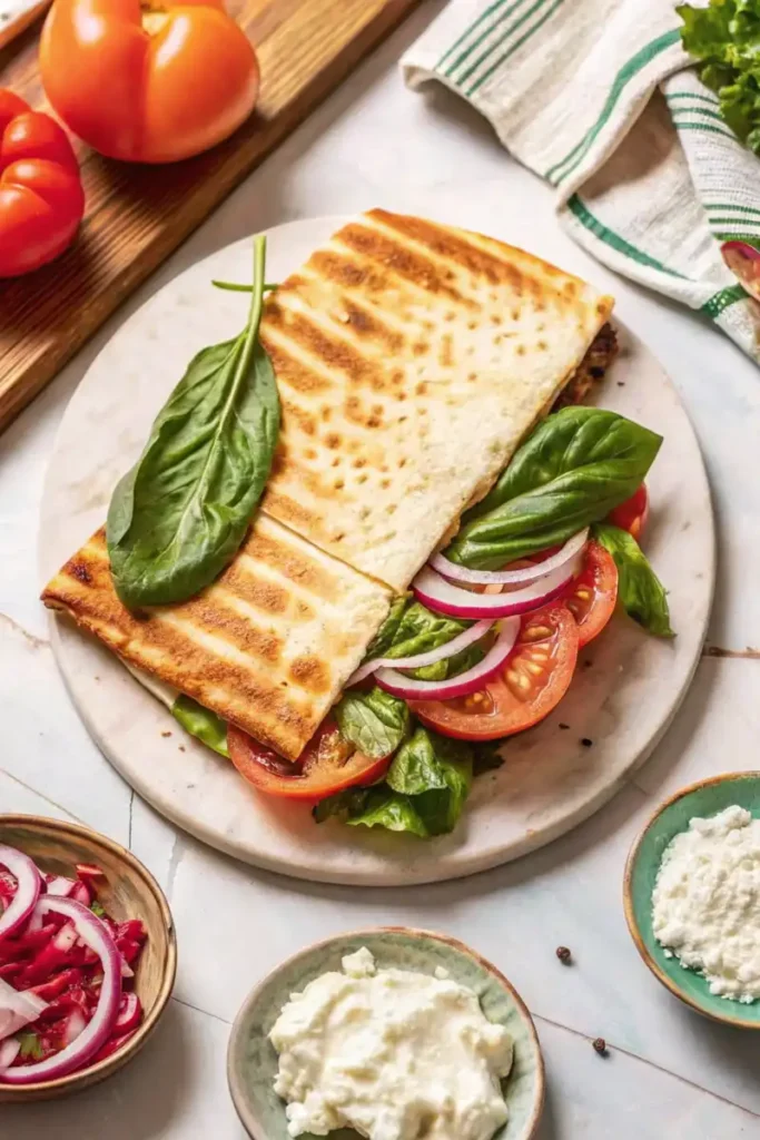 A grilled cottage cheese flatbread sandwich filled with tomatoes, red onions, spinach, and lettuce.