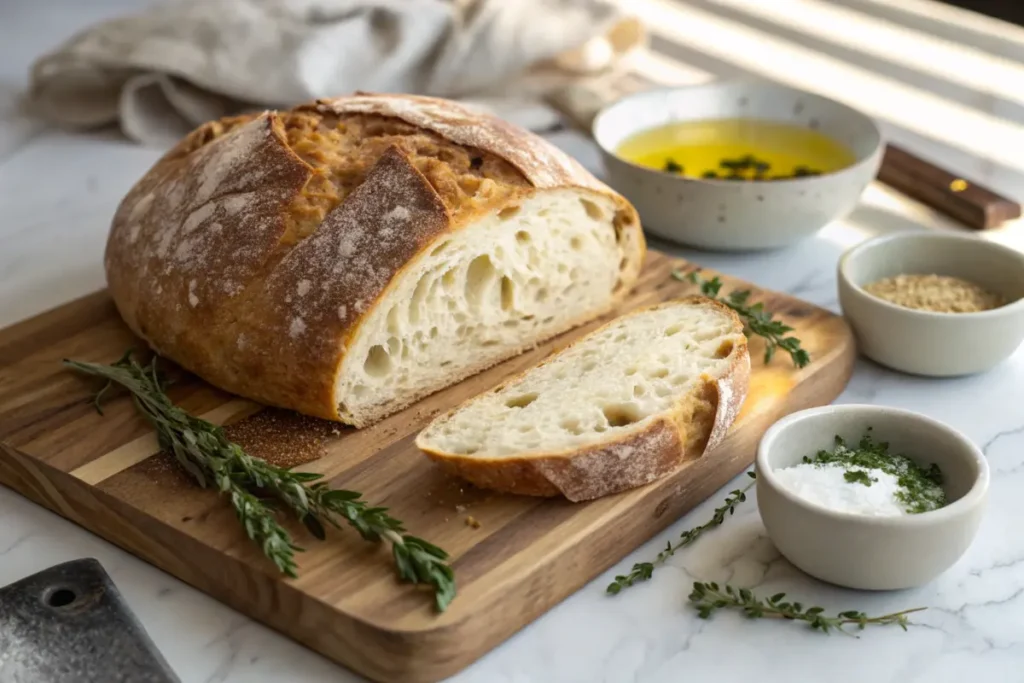 A rustic loaf of sourdough bread on a wooden cutting board, partially sliced, surrounded by fresh herbs, olive oil, and small bowls of salt and seasoning.