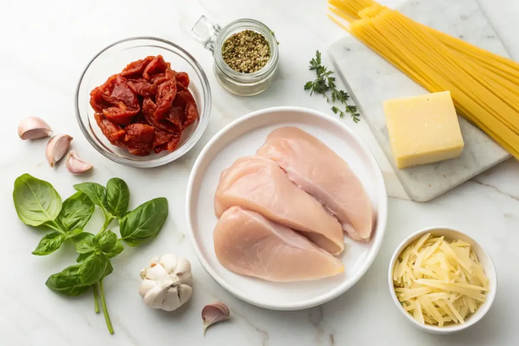 Ingredients for a pasta dish arranged on a marble countertop, including raw chicken breasts, sun-dried tomatoes, garlic, fresh basil, dry spaghetti, parmesan cheese, and seasonings.