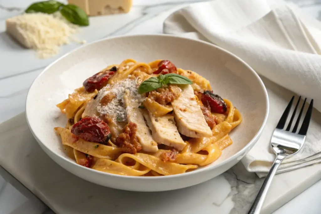 A bowl of creamy "Marry Me Chicken" pasta topped with grilled chicken slices, sun-dried tomatoes, grated parmesan, and a fresh basil leaf, served on a marble countertop with a fork and napkin.