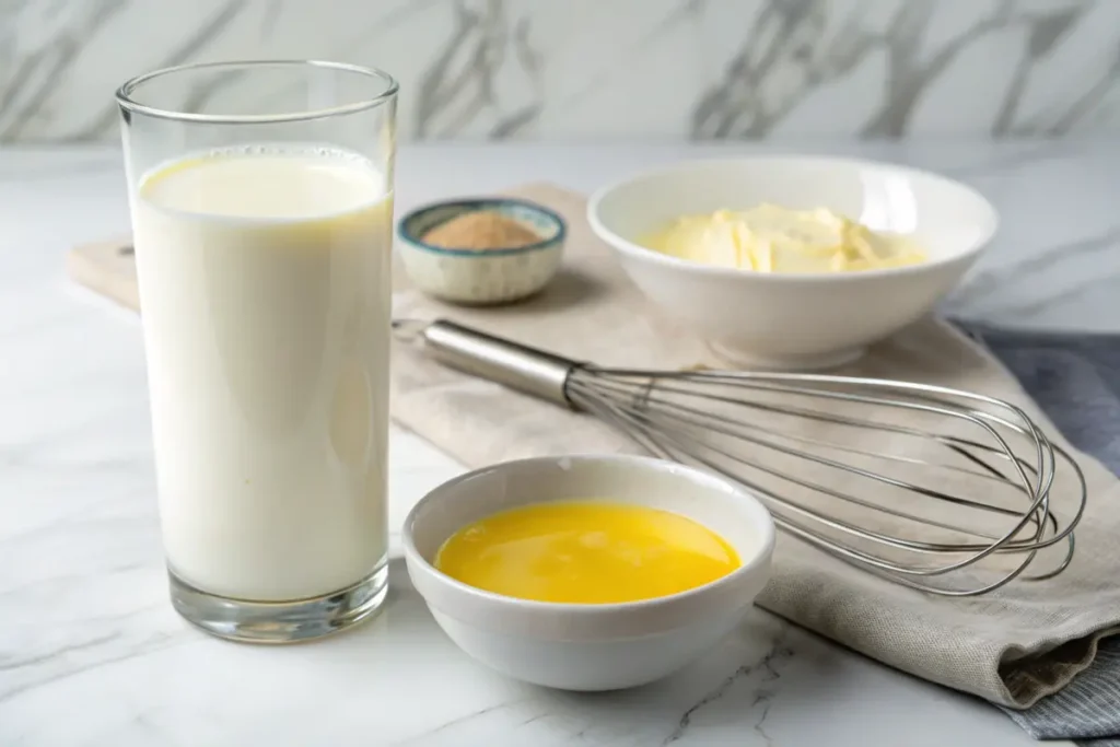 A glass of fresh milk next to a bowl of melted butter, a wire whisk, and bowls of sugar and softened butter on a marble countertop.