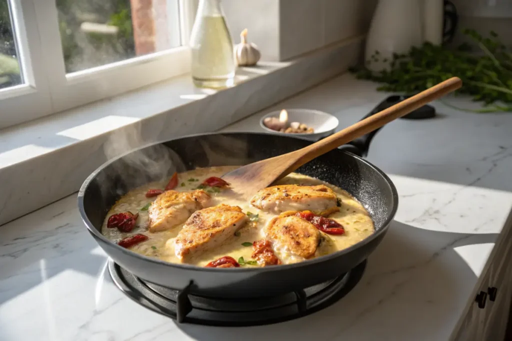 A skillet with creamy chicken breasts simmering in a sauce with sun-dried tomatoes, garnished with fresh herbs, on a stove by a sunny kitchen window.