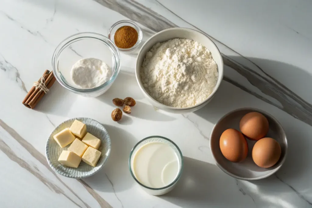 Top-down view of baking ingredients arranged on a white marble countertop, including a glass jar of milk, a bowl of flour, a dish of butter, a bowl of eggs, and small dishes of cinnamon and nutmeg, with cinnamon sticks on the side.