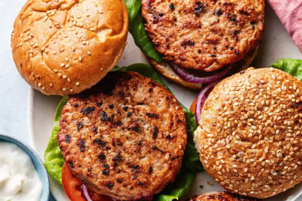 Close-up of juicy turkey burgers served on sesame buns, topped with lettuce, tomato, and onion slices.