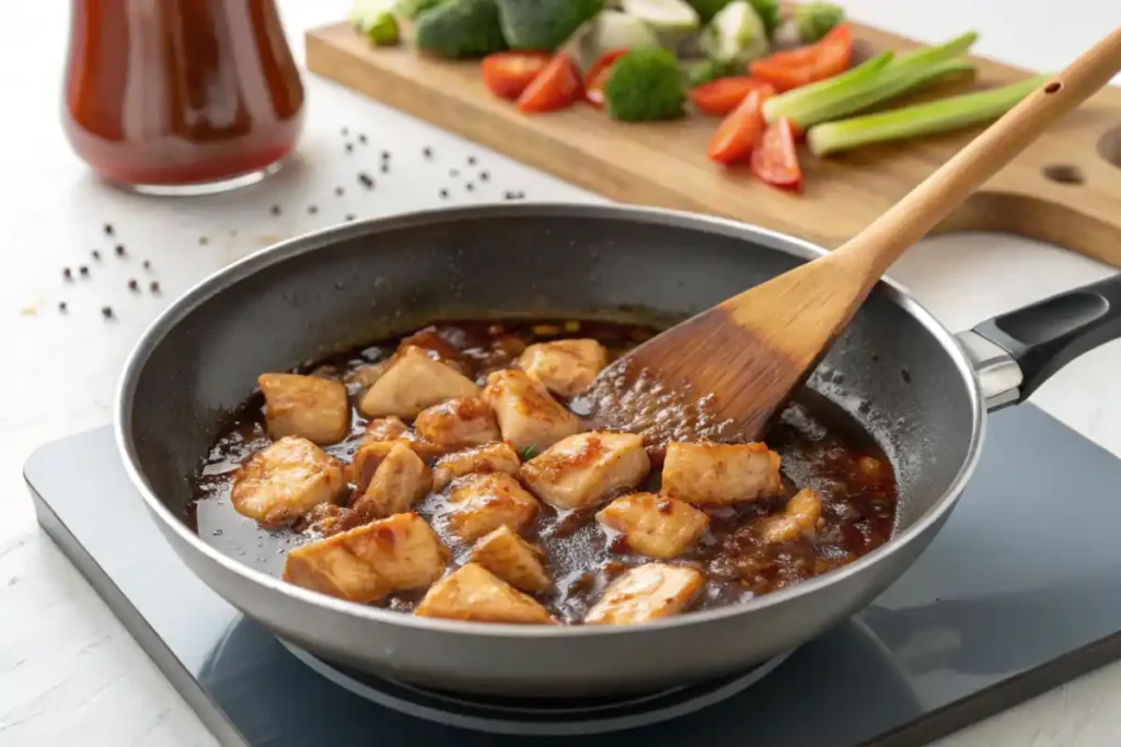 Tender chicken pieces cooked in teriyaki sauce with fresh veggies like broccoli and peppers on a cutting board.