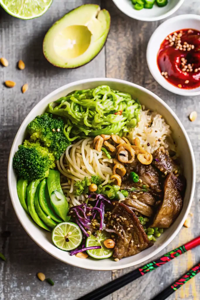 Healthy Asian rice bowl with broccoli, avocado, green noodles, and lime slices in a modern presentation.