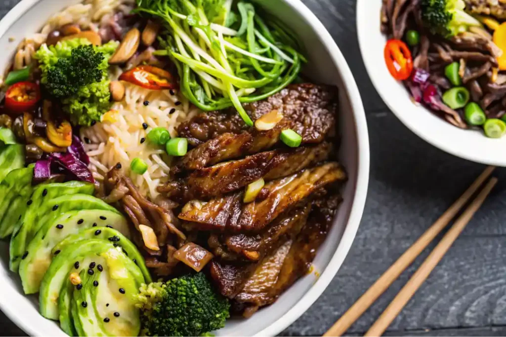 Colorful Asian veggie bowl with rice, broccoli, sliced cucumbers, teriyaki mushrooms, and fresh green onions.