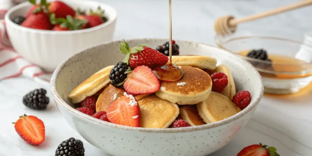 A bowl of golden mini pancakes topped with fresh strawberries, blackberries, and raspberries, drizzled with honey.