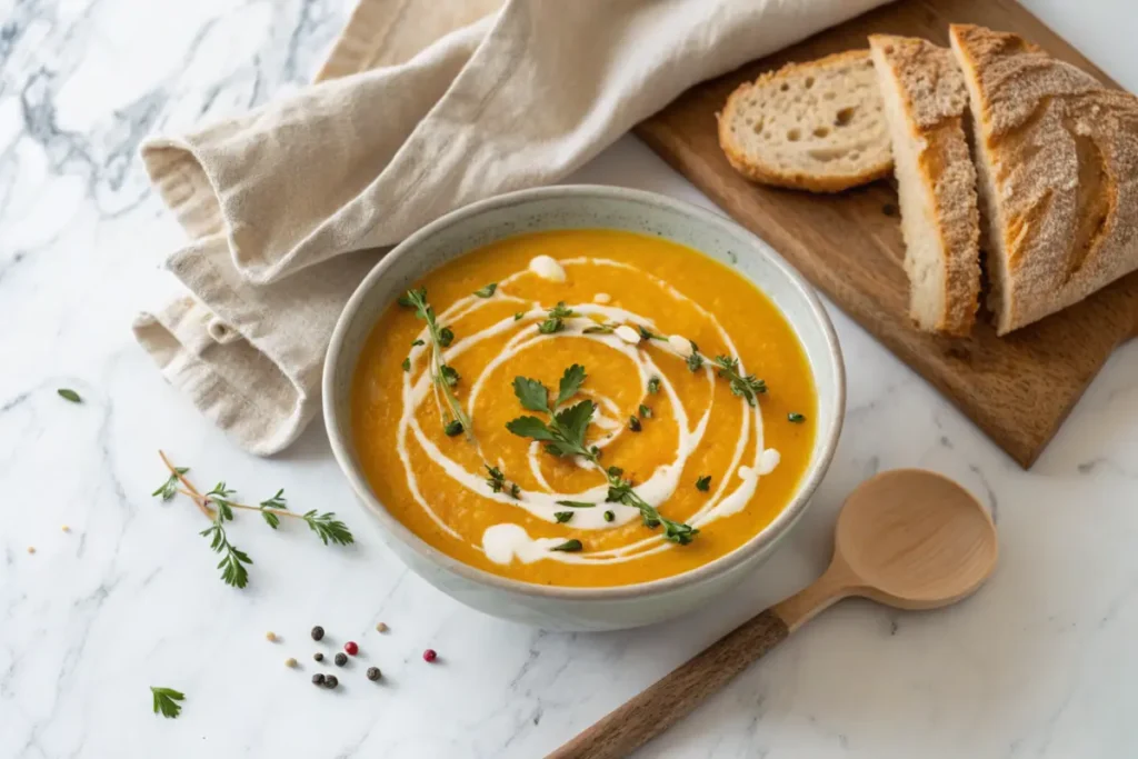 A bowl of creamy buttercup squash soup garnished with fresh herbs and a drizzle of cream, served on a white marble surface with rustic bread.