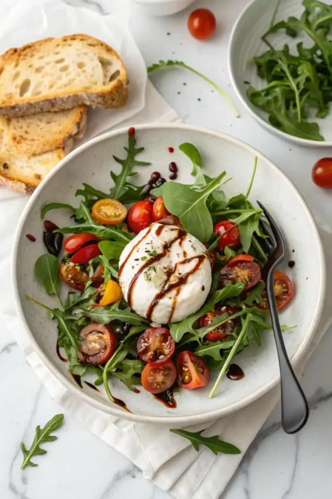 A Burrata salad with fresh arugula, cherry tomatoes, and balsamic glaze, served with crusty bread on a white marble surface.