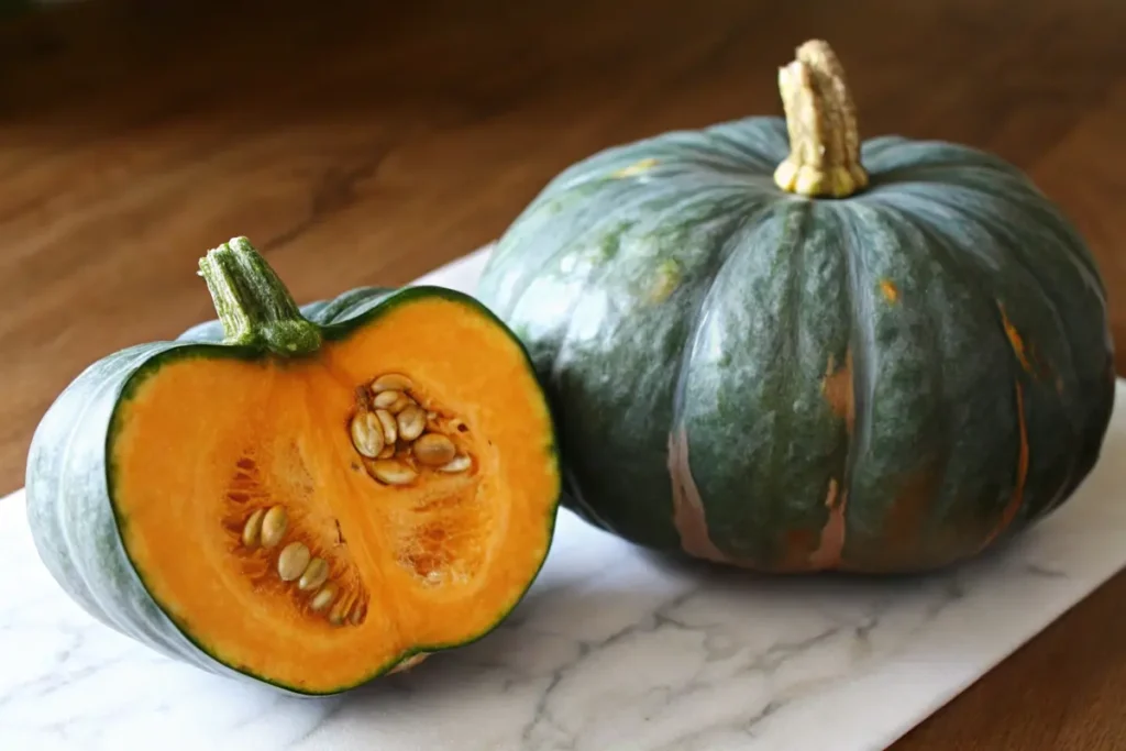 A whole buttercup squash next to a halved squash revealing its vibrant orange flesh and seeds, placed on a wooden surface with marble accents.