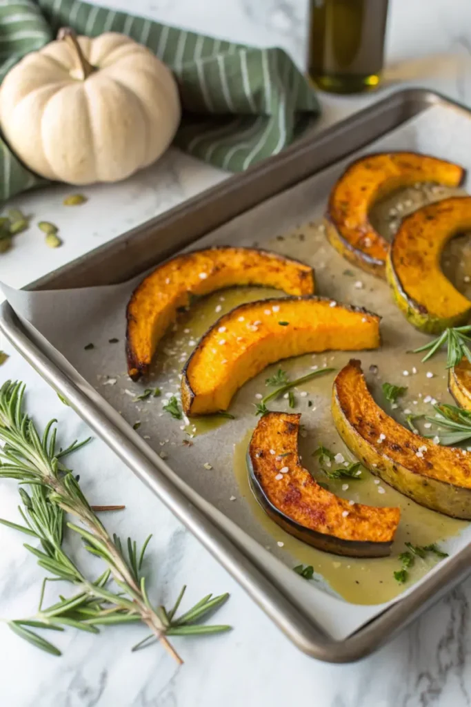 Roasted buttercup squash wedges on a baking tray, seasoned with fresh rosemary and drizzled with olive oil, placed on a white marble countertop.