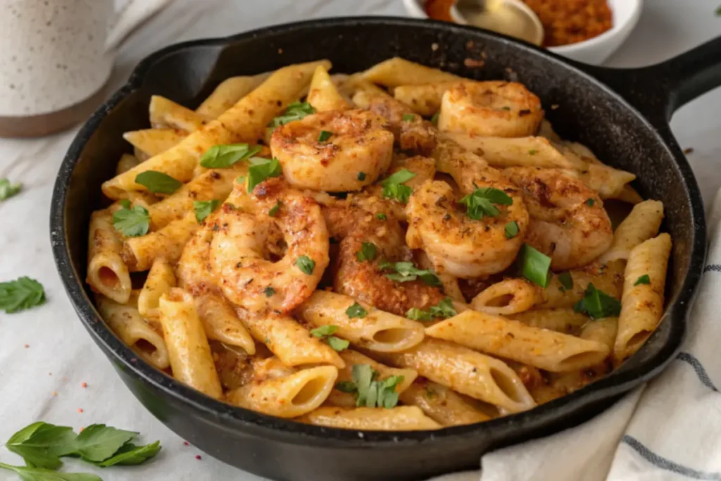 Creamy Cajun shrimp pasta served in a black skillet, topped with golden-brown shrimp and garnished with fresh parsley.