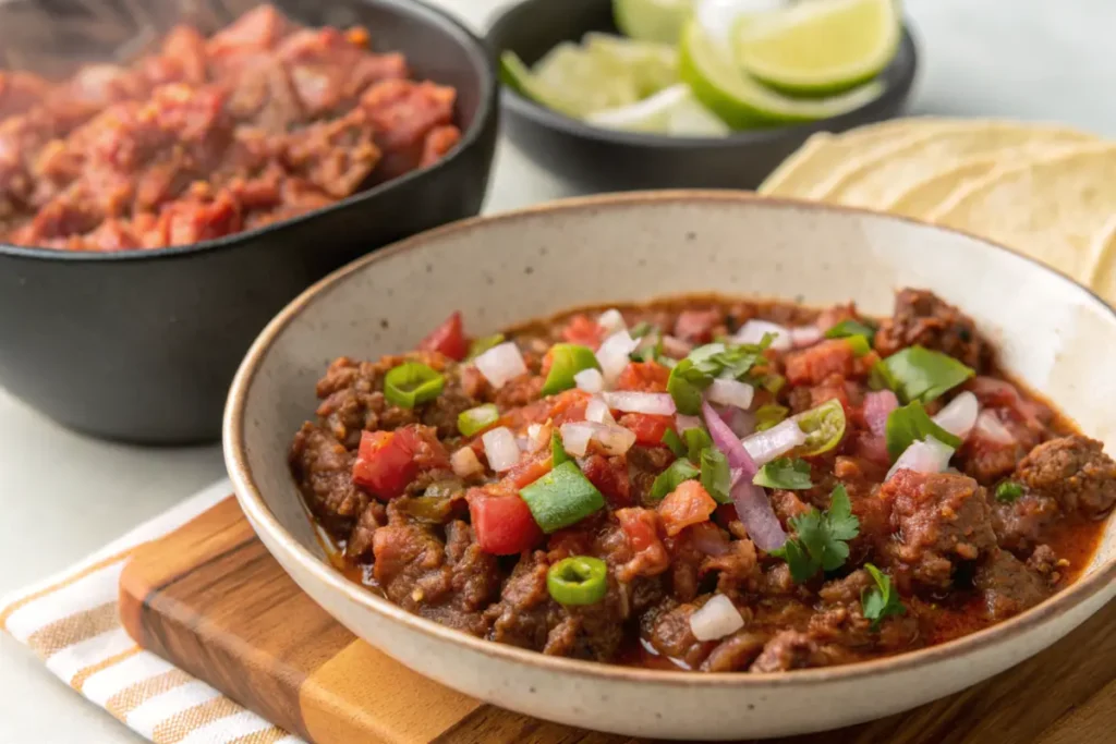 Bowl of carne picada topped with fresh tomato, onion, cilantro, and jalapeño.