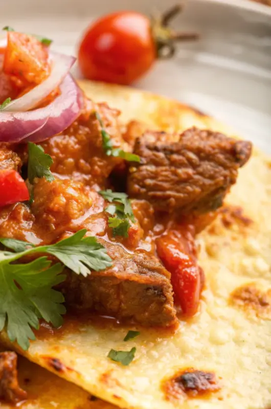 Carne picada served on a corn tortilla with fresh garnishes.