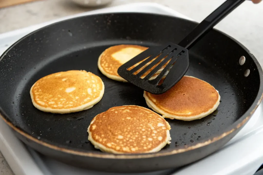 Four mini pancakes cooking in a black non-stick skillet, with one pancake being flipped using a black spatula.