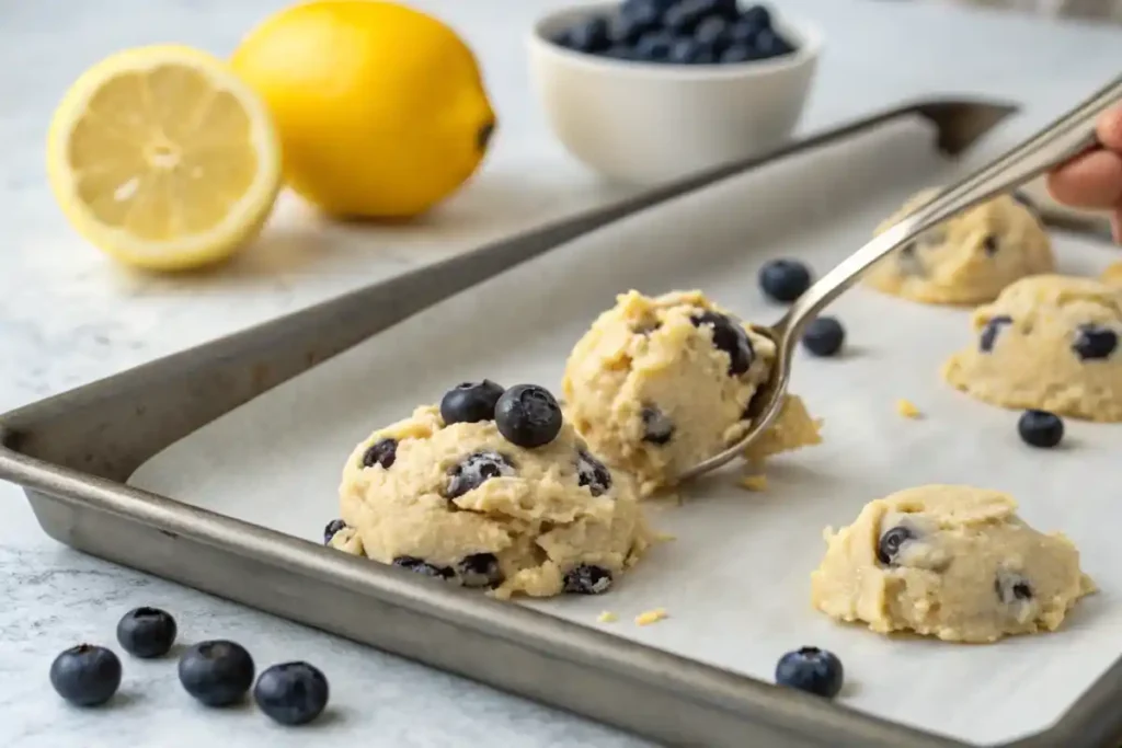 Scooping lemon blueberry cookie dough onto a baking tray lined with parchment paper, surrounded by fresh lemons.