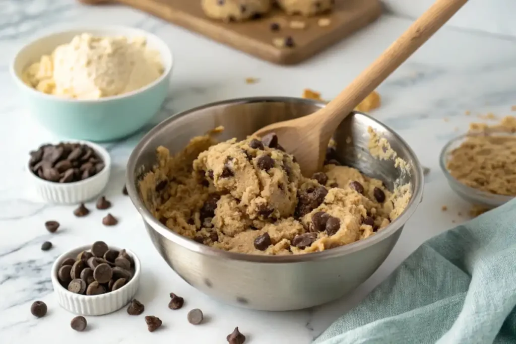 A mixing bowl filled with chocolate chip cookie dough, surrounded by small bowls of chocolate chips and flour on a marble countertop.