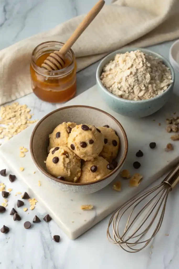 A bowl of cookie made with cottage cheese, garnished with chocolate chips. The setup includes a jar of honey, oat flour, and a whisk on a marble cutting board for a cozy kitchen vibe.