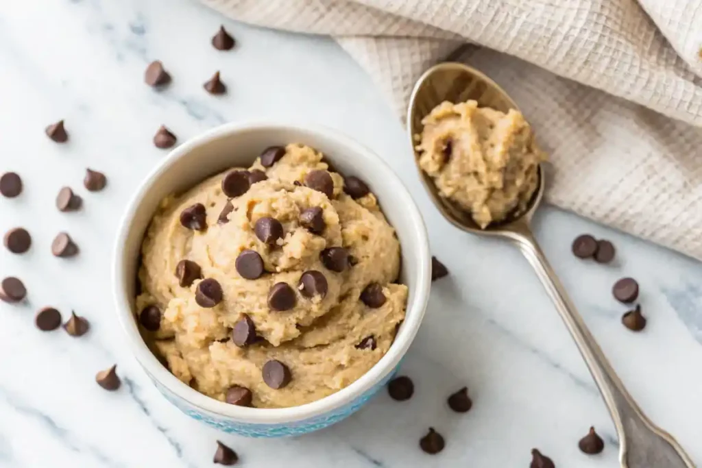 A top-down view of cottage cheese cookie dough in a small bowl, topped with chocolate chips. A spoon beside the bowl holds a scoop of dough, surrounded by scattered chocolate chips on a marble surface.