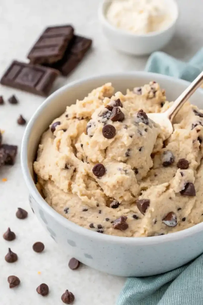 A creamy bowl of cottage cheese cookie dough topped with chocolate chips. In the background, dark chocolate squares and a small bowl of cottage cheese add to the cozy ambiance.