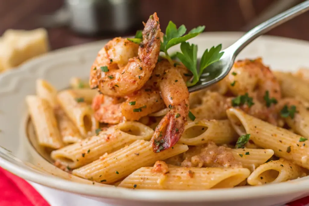 Forkful of Cajun shrimp pasta in a white bowl, with penne pasta, seared shrimp, and parsley garnish on a creamy sauce base.