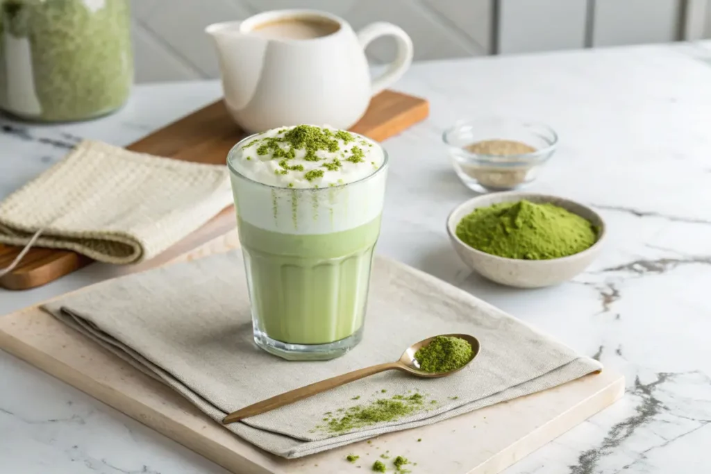 A creamy matcha latte in a glass topped with frothy milk and sprinkled matcha powder, served with a golden spoon and matcha powder in the background.