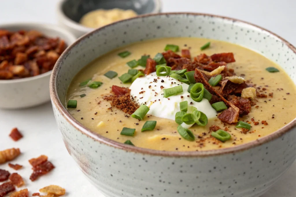 A bowl of creamy potato soup garnished with green onions, cheddar cheese, and sour cream, ready to serve.