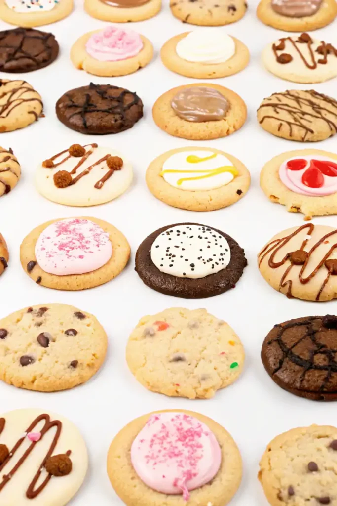 An assortment of colorful Crumbl cookies, including frosted and chocolate varieties, displayed on a white background.