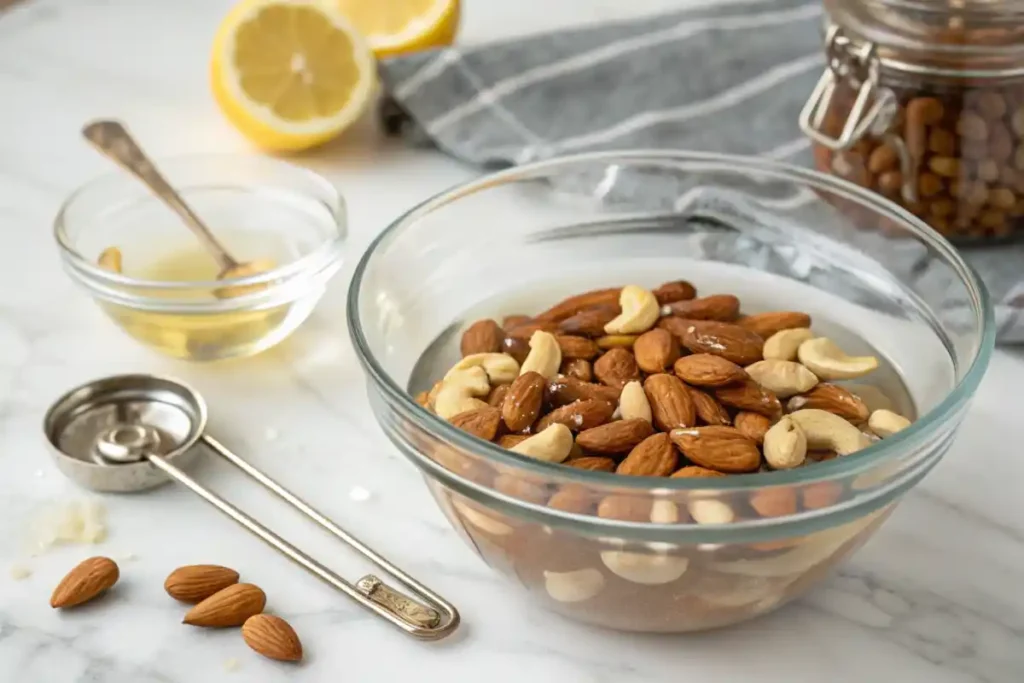 Soaked almonds and cashews in a glass bowl with water, lemon slices nearby