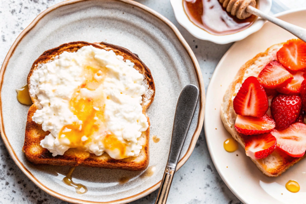 Dairy-free cottage cheese on toast with honey drizzle and strawberries