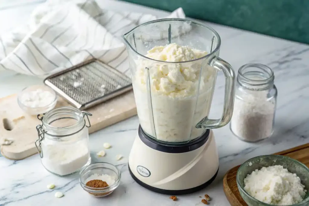 Blender filled with dairy-free cottage cheese mixture