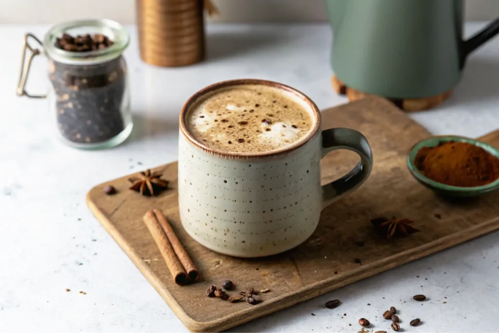 A mug of frothy dirty chai latte with cinnamon sticks on a wooden board