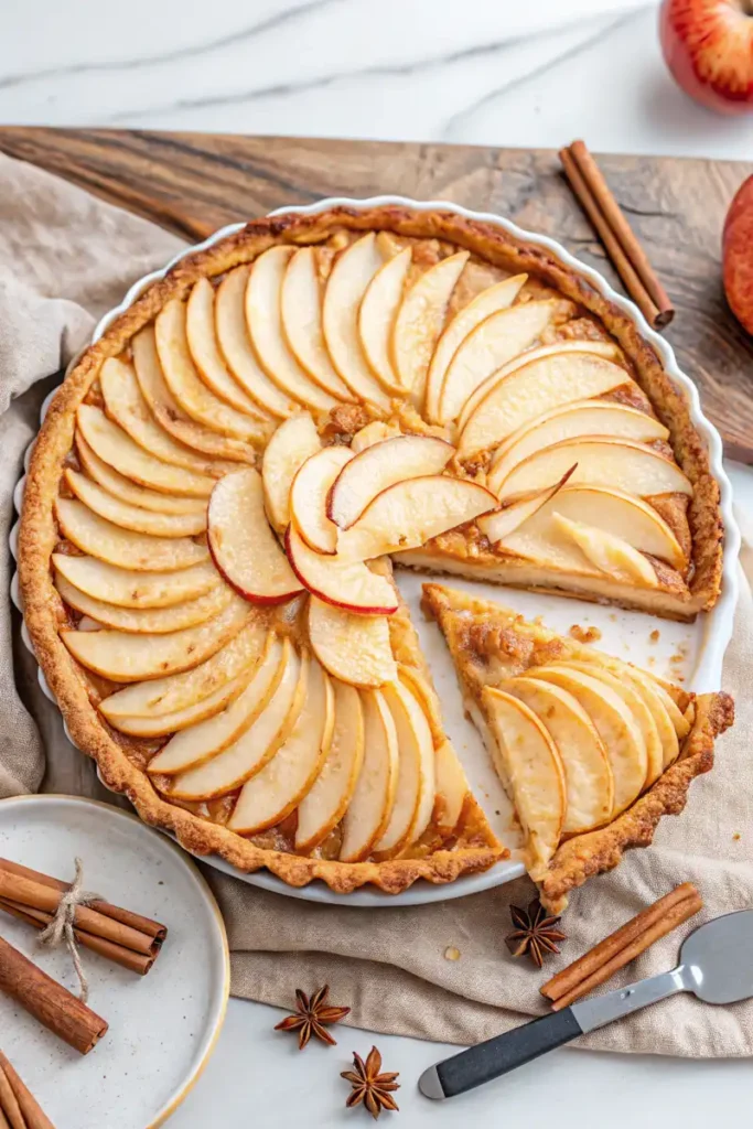 Baked French apple pie with golden slices of apples arranged decoratively, surrounded by cinnamon sticks and a cut slice on a rustic wooden board.