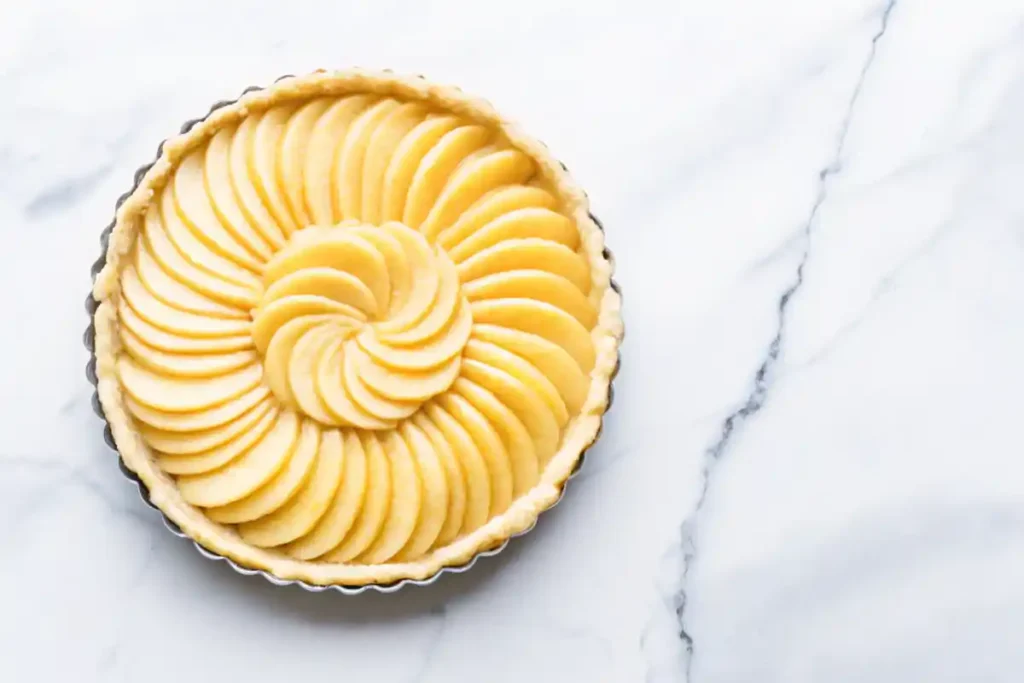 Unbaked French apple pie with thinly sliced apples arranged in a beautiful spiral pattern on a white marble surface.