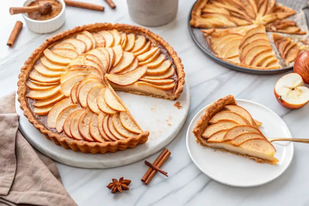 French apple pie served on a marble platter, a slice on a white plate, garnished with cinnamon sticks and fresh apple slices.