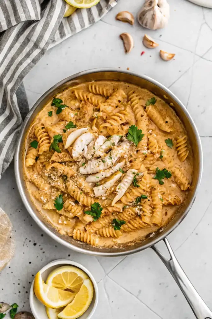 Garlic Parmesan Chicken Pasta served in a skillet with creamy sauce, garnished with fresh parsley and lemon wedges.