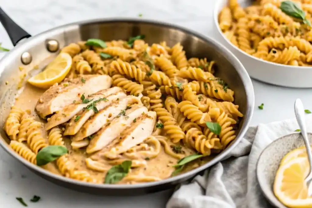 Skillet of Garlic Parmesan Chicken Pasta with spiral pasta, sliced chicken, and fresh basil leaves, served with lemon slices.