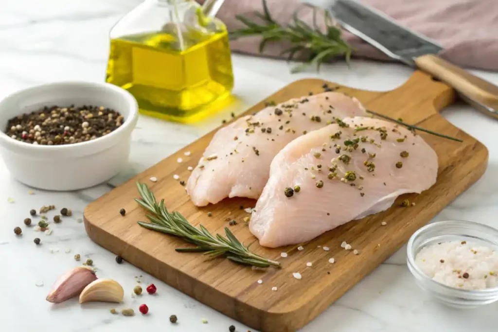 Raw chicken breasts seasoned with herbs, garlic, and pepper, ready for cooking, displayed on a wooden cutting board.