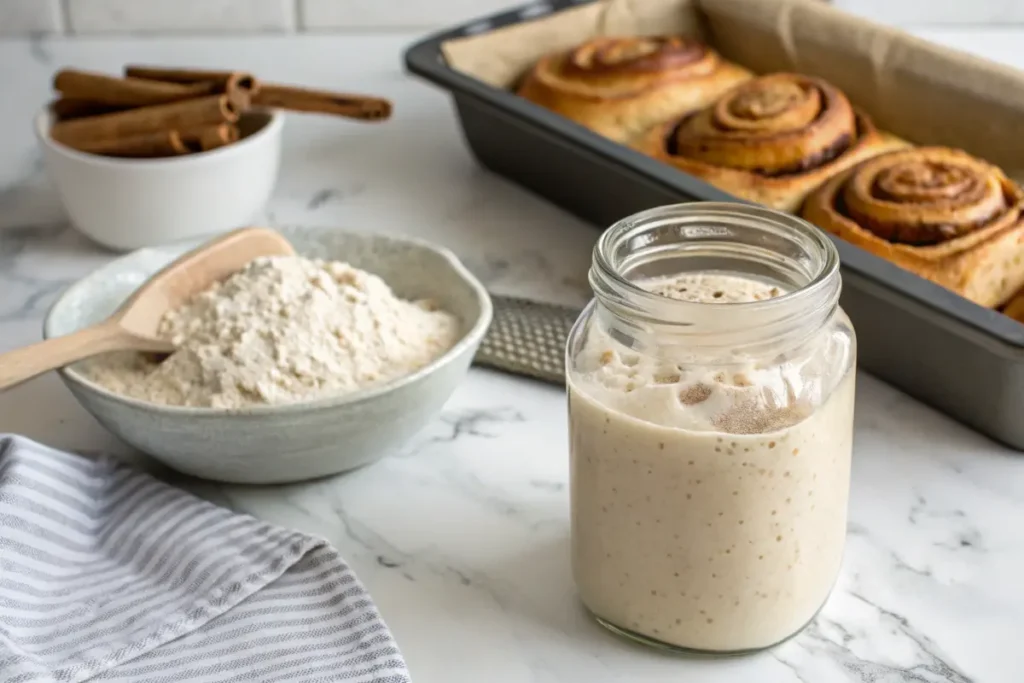 A glass jar of bubbling sourdough starter on a marble countertop, accompanied by a bowl of flour with a wooden spoon, a tray of freshly baked cinnamon rolls, and a small bowl of cinnamon sticks in the background.