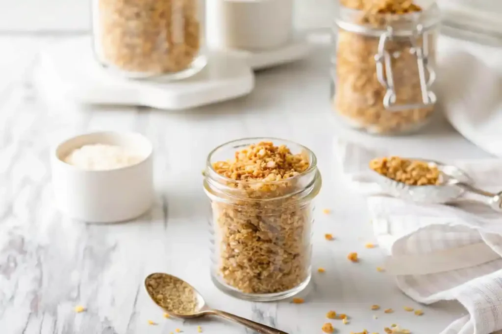 Homemade gluten-free bread crumbs in a glass jar.