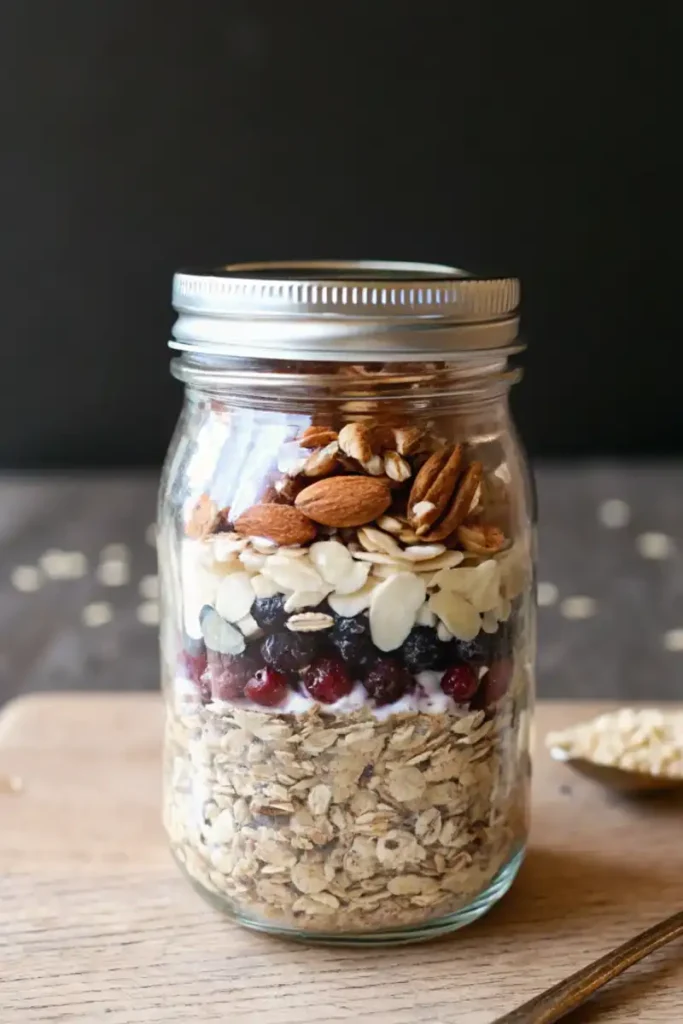 Close-up of a glass jar of overnight oats with layers of berries, almonds, and oats.