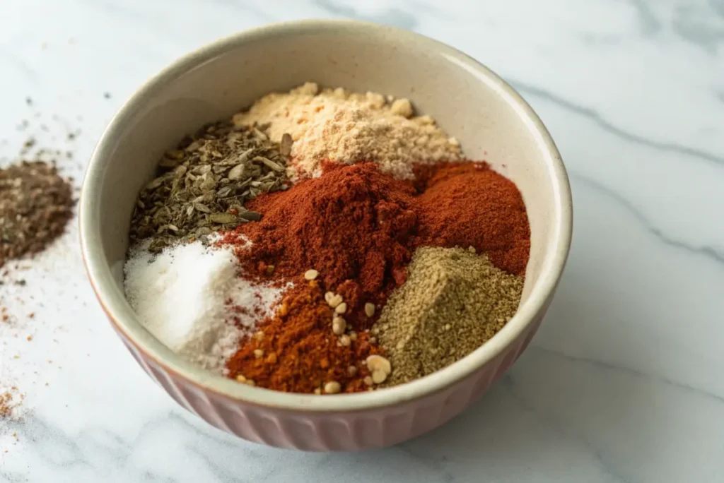 A bowl of Cajun spices, including paprika, cayenne pepper, garlic powder, onion powder, salt, and dried herbs, on a white marble surface.