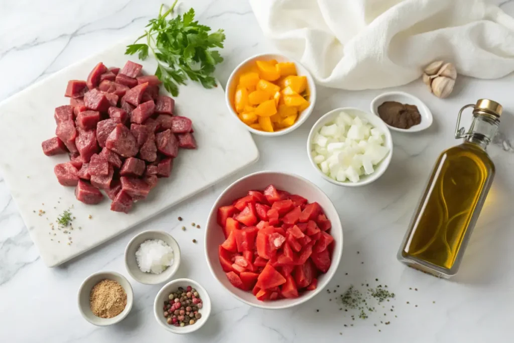 Fresh ingredients for carne picada including diced beef, tomatoes, onions, and seasonings.