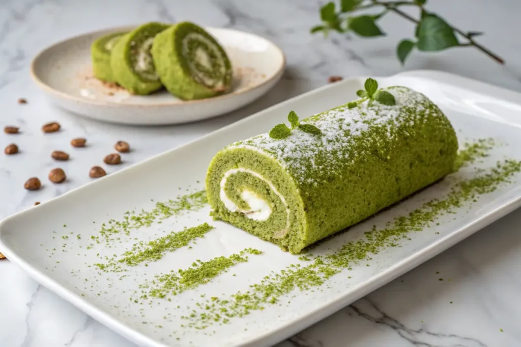 A beautifully plated matcha roll cake dusted with powdered sugar and garnished with mint leaves, served on a white platter with slices in the background