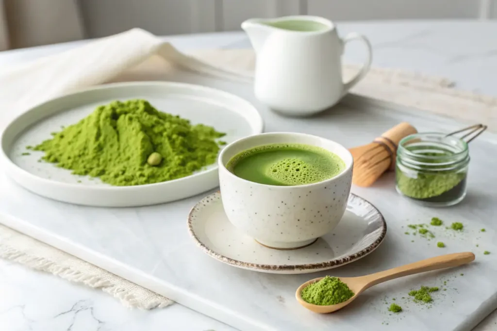 A cup of freshly brewed Green tea with matcha, surrounded by matcha powder on a plate.